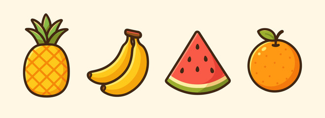 Cute tropical fruits icons collection including pineapple, banana, watermelon, and orange. Bright cartoon vector illustration with smooth outlines and vivid summer colors