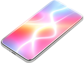 Modern smartphone with glowing neon circles on screen isolated on transparent background, perfect for futuristic tech design.