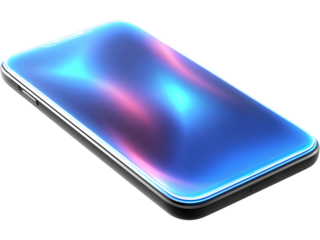 Modern smartphone with glowing neon circles on screen isolated on transparent background, perfect for futuristic tech design.