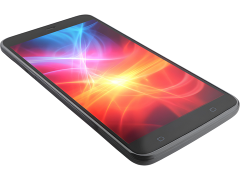 Modern smartphone with glowing light screen isolated on transparent background, symbolizing futuristic technology.