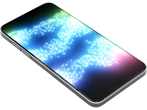 Smartphone with reflective glowing screen isolated on transparent background, representing modern innovation and high-tech style.