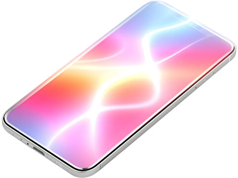 Modern smartphone with glowing neon circles on screen isolated on transparent background, perfect for futuristic tech design.