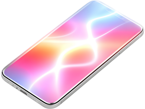 Modern smartphone with glowing neon circles on screen isolated on transparent background, perfect for futuristic tech design.