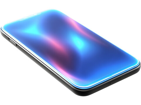 Modern smartphone with glowing neon circles on screen isolated on transparent background, perfect for futuristic tech design.