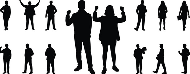 Silhouettes of diverse people standing and posing, business and casual individuals, teamwork expression, human figures collection, modern lifestyle representation