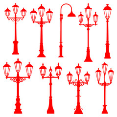 Collection of Red Silhouette Street Lamps on White Background