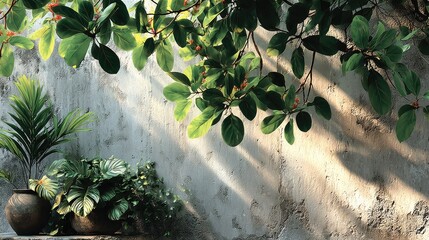 Sunlight filtering through lush foliage onto a weathered wall