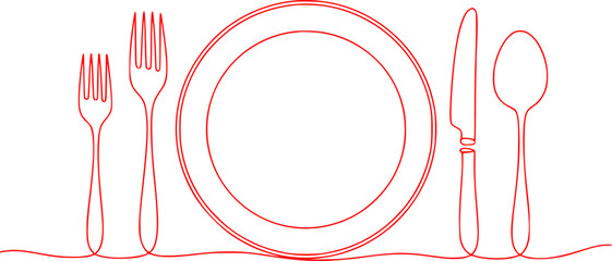 Minimalist Red Line Art of Plate, Forks, Knife, and Spoon