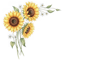 Corner arrangement of sunflowers small white flowers isolated on transparent background