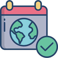 Calendar Icon With Globe And Check Mark Symbol Isolated On White Background Representing Global Schedule Or Important Date
