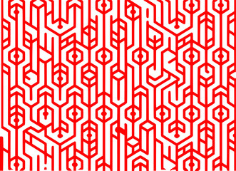 Red Geometric Maze Pattern with Hexagonal and Linear Elements
