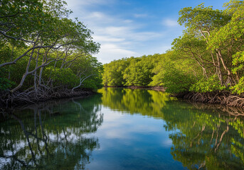 Mangrove's Reflection Tranquil Waterway with Lush Green Trees and Natural Beauty