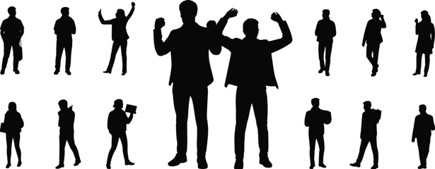 Silhouettes of diverse people standing and posing, business professionals, casual individuals, teamwork concept, community identity, lifestyle representation, modern human figures