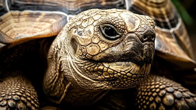 Majestic tortoise closeup: captivating shell patterns and gentle movement