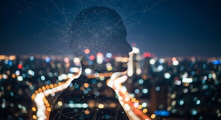 Silhouette of a person with digital network overlay amidst a vibrant cityscape at night.