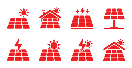 Red Solar Panel Icons Sun, Lightning, and House Variations