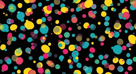 Colorful abstract background with scattered circles and dots in yellow, blue, pink, and teal on a black backdrop