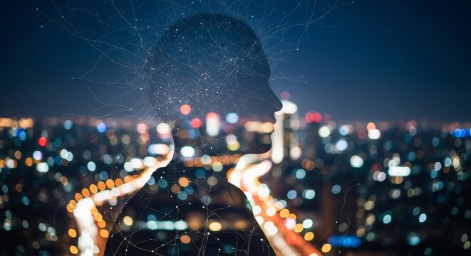 Silhouette of a person with digital network overlay amidst a vibrant cityscape at night.