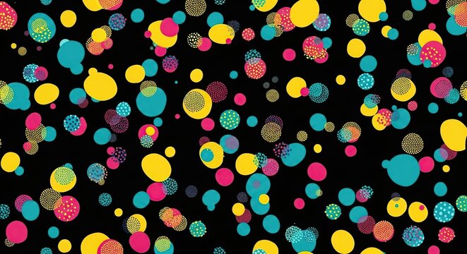 Colorful abstract background with scattered circles and dots in yellow, blue, pink, and teal on a black backdrop