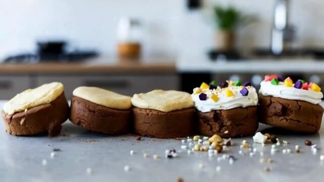 Close Up Footage Demonstrates Decorating Brownie Bites on Marble Countertop in Bright Kitchen with Plants in Background under Natural Light