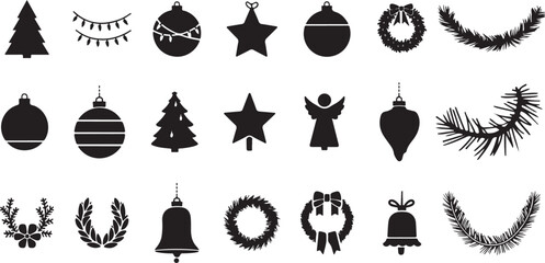 Christmas holiday festive decorations, ornaments, trees, wreaths, stars, bells icons Vector,Christmas decoration icon set