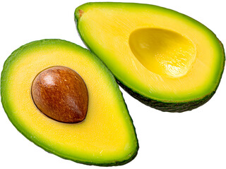 Fresh avocado halves isolated on transparent background, representing healthy food, natural nutrition, and organic lifestyle.