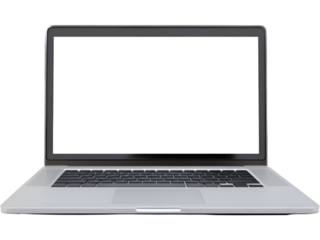 Open laptop with blank white screen isolated on transparent background, suitable for business, technology, and mockup design.