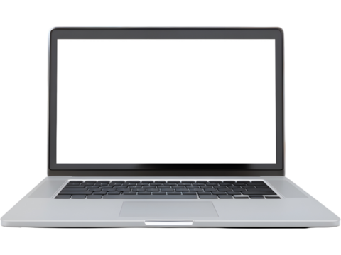 Open laptop with blank white screen isolated on transparent background, suitable for business, technology, and mockup design.