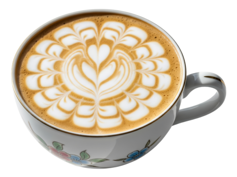 Cup of coffee with beautiful and intricate flower latte art on a transparent background