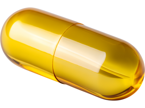 Shiny golden capsule isolated on transparent background, symbolizing modern supplements, medicine, and luxury healthcare.