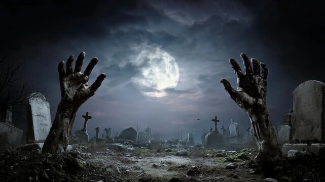 Eerie hands emerge from graveyard soil under full moon, camera slowly zooms in on scene