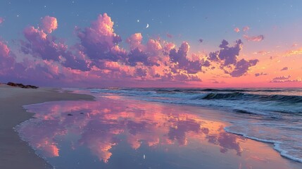 Sunrise beach, calm reflection, pastel clouds