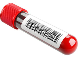 Laboratory blood test vial with barcode and red cap isolated on transparent background, representing diagnostics and medical analysis.