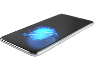 Modern smartphone showing glowing fingerprint on screen isolated on transparent background, symbolizing security and biometrics.