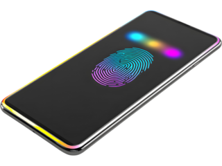 Modern smartphone showing glowing fingerprint on screen isolated on transparent background, symbolizing security and biometrics.