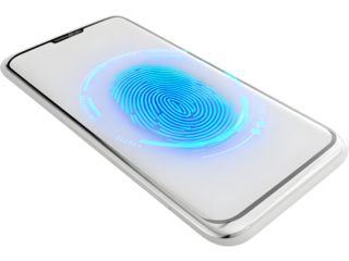 Modern smartphone showing glowing fingerprint on screen isolated on transparent background, symbolizing security and biometrics.