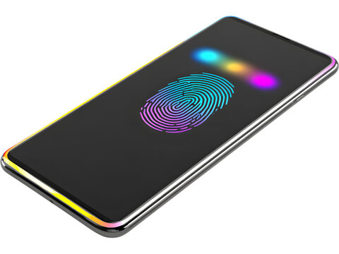 Modern smartphone showing glowing fingerprint on screen isolated on transparent background, symbolizing security and biometrics.