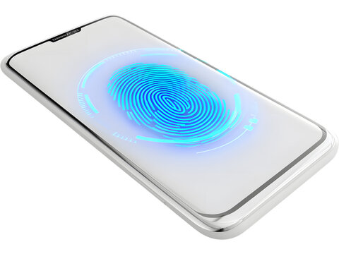 Modern smartphone showing glowing fingerprint on screen isolated on transparent background, symbolizing security and biometrics.