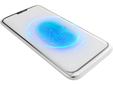 Modern smartphone showing glowing fingerprint on screen isolated on transparent background, symbolizing security and biometrics.