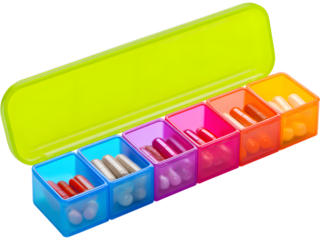 Bright multicolor weekly pill organizer isolated on transparent background, symbolizing health management and daily routine.