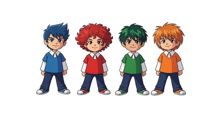 Four cartoon boys with different hairstyles and colorful shirts standing together, representing friendship and diversity