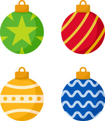 Set of four colorful patterned christmas balls flat vector illustration