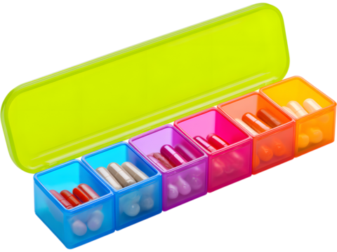 Bright multicolor weekly pill organizer isolated on transparent background, symbolizing health management and daily routine.