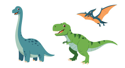 Obraz premium Collection of cheerful cartoon dinosaurs, including a mighty Tyrannosaurus Rex, a gentle Brontosaurus, and a soaring Pterodactyl, from the ancient past.