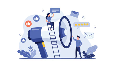 Marketing team effectively using megaphones and digital tools for widespread communication, advertising, and gathering customer feedback and reviews.