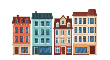 Fototapeta premium Picturesque row of colorful, old-fashioned city buildings with intricate architectural details and ground-floor shops, depicting a charming urban street scene.