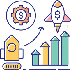 Abstract graphic representing business growth and startup success with ascending charts and upward arrows isolated on white background.