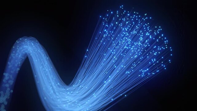 Blue glowing fiber optics bundle transmitting data dark background. High-speed internet, digital communication, global network concept. Technology, information flow, futuristic abstract. - Powered by Adobe