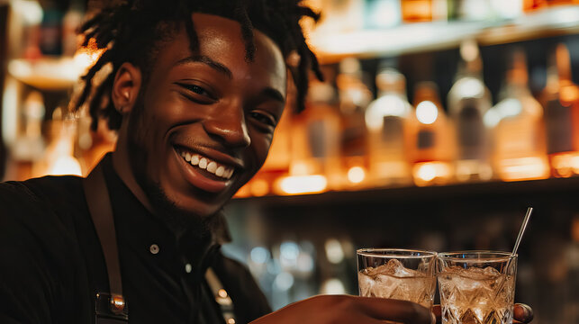 Friendly bartender with a bright smile serving refreshing ice-filled drinks for Bartender Day