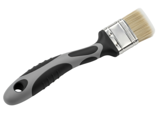 Clean new paintbrush with a grey and black ergonomic handle on a transparent background